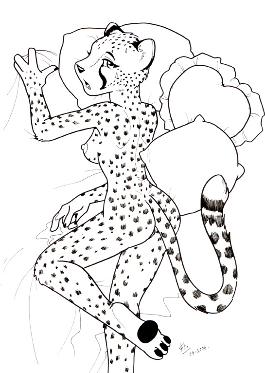 2006 after_masturbation after_sex anthro ass back bed breasts cheetah cute exhausted feline female fingering fio fur furry inks line_art masturbation nude overhead pillows pussy_juice sideboob solo sweatdrop