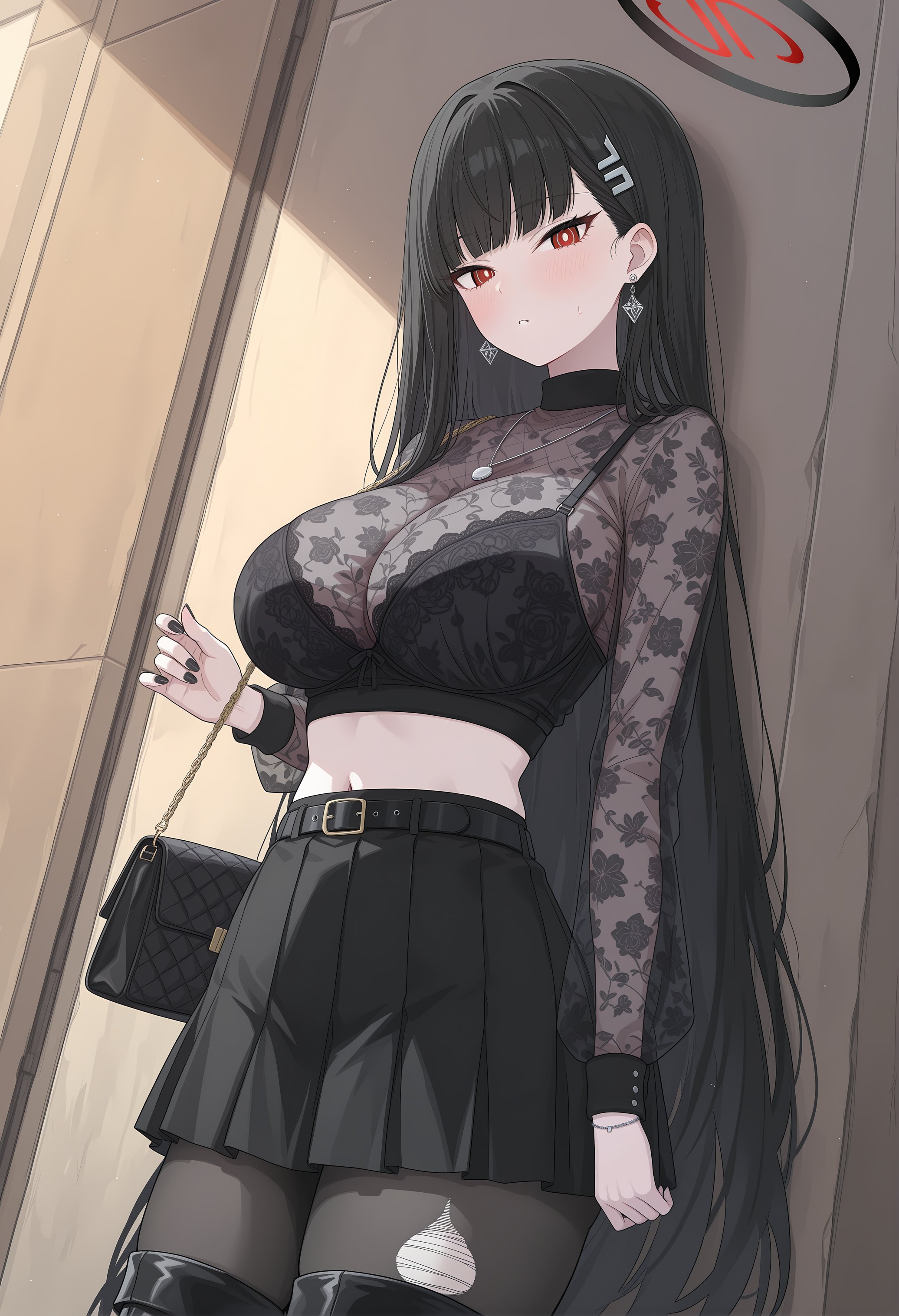 alternate costume, bag, belt, belted skirt, black belt, black bra, black choker, black footwear, black hair, black nails, black pantyhose, black skirt, blue archive, blush, boots, bra, breasts, bright pupils, cg, choker, cleavage, earrings, emotionless, emotionless female, female, goth, hair ornament, hairclip, halo, indifference, indifferent, jewelry, large breasts, long hair, long sleeves, looking at viewer, midriff, nail polish, navel, pantyhose, parted lips, pleated skirt, red eyes, rio (blue archive), see-through, shirt, skirt, solo, torn clothes, torn pantyhose, unbothered, underwear, very long hair, watch, white pupils, wholesome, wristwatch
