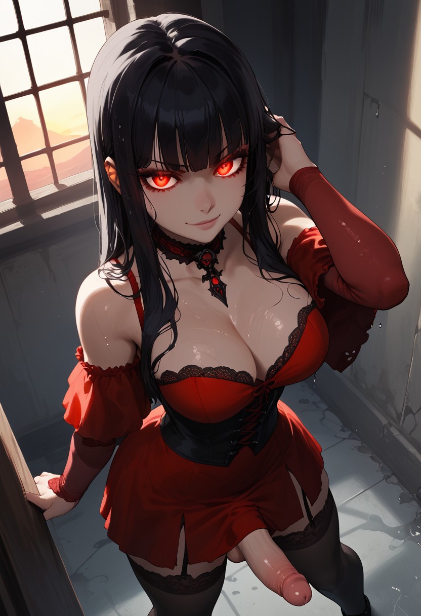 1futa ai_generated balls black_hair choker cleavage corset dress erection from_above futa_only futanari garter_straps glowing_eyes goth goth_futa gothic hand_on_hair hand_on_head indoors jamesbron large_breasts large_penis legwear long_hair looking_at_viewer neckwear no_panties penis red_dress smile solo solo_futa standing stockings wide_hips