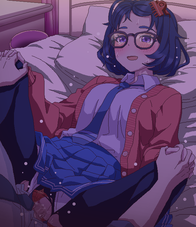 black_pantyhose blue_hair cardigan clothed_sex clothing_aside glasses medium_hair mila_(miside) miside necktie on_bed panties panties_aside pantyhose pleated_skirt purple_eyes shirt skirt tomu_(tomubobu) torn_clothes torn_pantyhose underwear