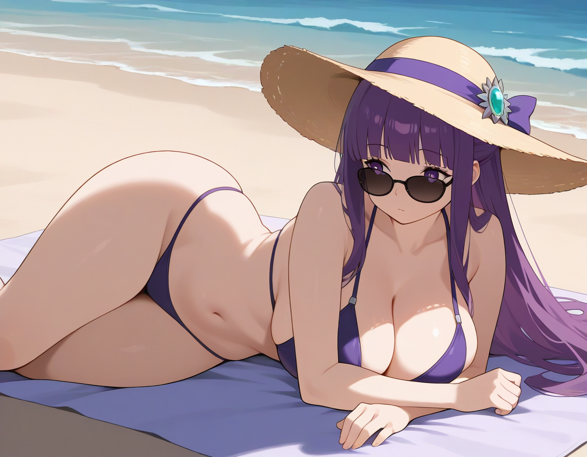 1girls, ai generated, beach, beach towel, bikini, breasts, curvy, curvy figure, female, fern (sousou no frieren), frieren beyond journey's end, large breasts, laying on side, light skin, light-skinned female, navel, purple eyes, purple hair, sousou no frieren