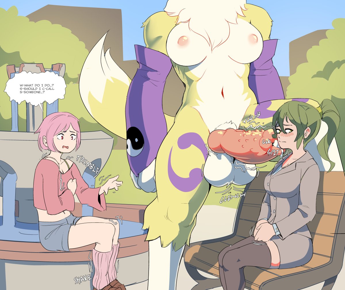 anthro cock_against_cheek cum digimon digimon_(species) feline_penis futanari green_hair huge_cock morpskorp precum renamon sexual_harassment