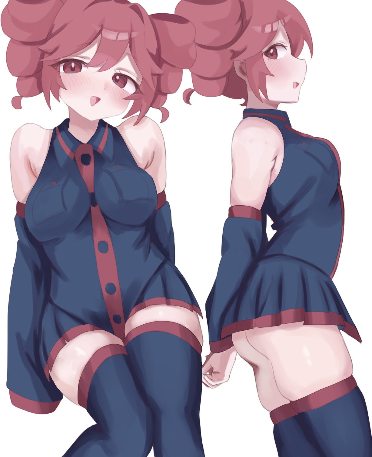 1girls 2d 2d_(artwork) ass breasts different_angle female female_only kasane_teto medium_breasts miniskirt red_eyes red_hair short_skirt side_view sitting skindentation skirt thick_thighs thighhighs thighs twin_drills upskirt ur_(ur_o_) utau