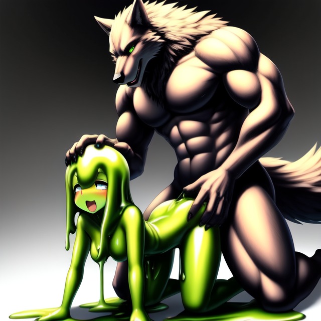 1boy 1girls ai_generated all_fours anthro bent_over canine deep_penetration furry_on_humanoid hand_on_head hand_on_hip happy_sex humanoid larger_male medium_breasts muscular_male self_upload sex size_difference slime_girl smaller_female vaginal_penetration vaginal_sex werewolf