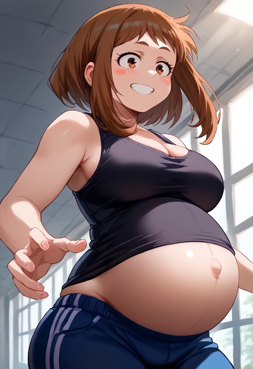 ai_generated big_belly big_breasts gym_uniform happy my_hero_academia ochako_uraraka preggo pregnancy pregnant pregnant_belly uraraka_ochako