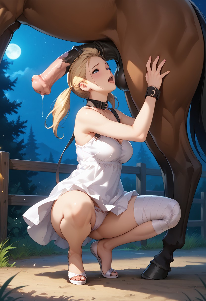 ai_generated bandaged_leg blonde_female blonde_hair blue_eyes blush collar fio_(nier_reincarnation) horse horse_penis imminent_oral imminent_zoophilia medium_breasts nier nier_reincarnation night pale pale-skinned_male panties penis penis_on_head testicles testicles_on_face twitter_username white_dress white_panties zoophilia zootopia