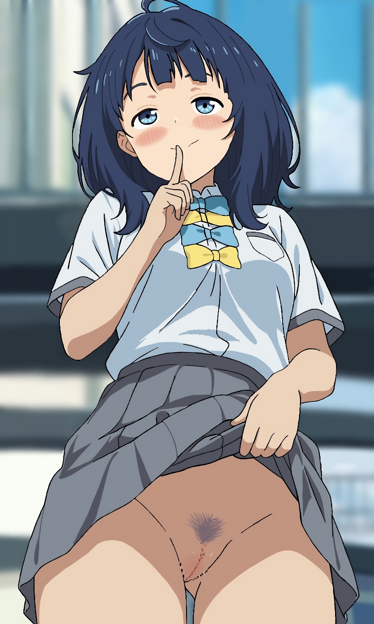 1girls, big breasts, blue eyes, blue hair, blush, breasts, busty, censored, clothes lift, female, female only, finger to mouth, half-closed eyes, highres, large breasts, legs, lifting own clothes, looking at viewer, make heroine ga oo sugiru!, medium hair, mosaic censoring, naughty face, presenting, pubic hair, pussy, school uniform, shushing, skirt, skirt lift, smile, solo, thighs, voluptuous, yanami anna