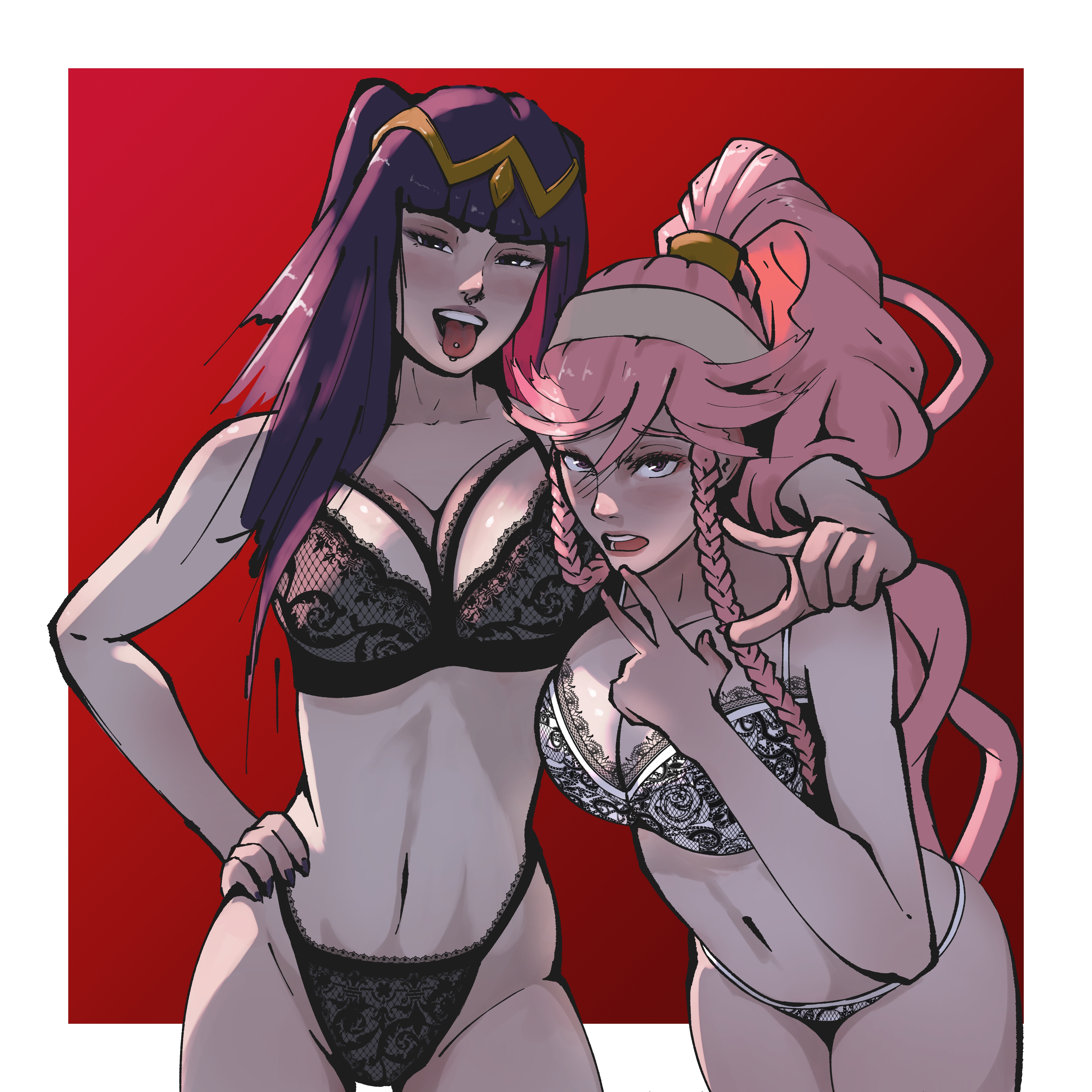 2girls, black hair, black panties, blush, bra, cleavage, female, female only, fire emblem, fire emblem awakening, lace, lingerie, looking at viewer, maroon background, nintendo, olivia (fire emblem), open mouth, panties, patreon, piercing, pink hair, ponytail, princeofduma, questionable, red background, simple background, tharja (fire emblem), tongue, tongue out, tongue piercing, underwear, white border, white panties