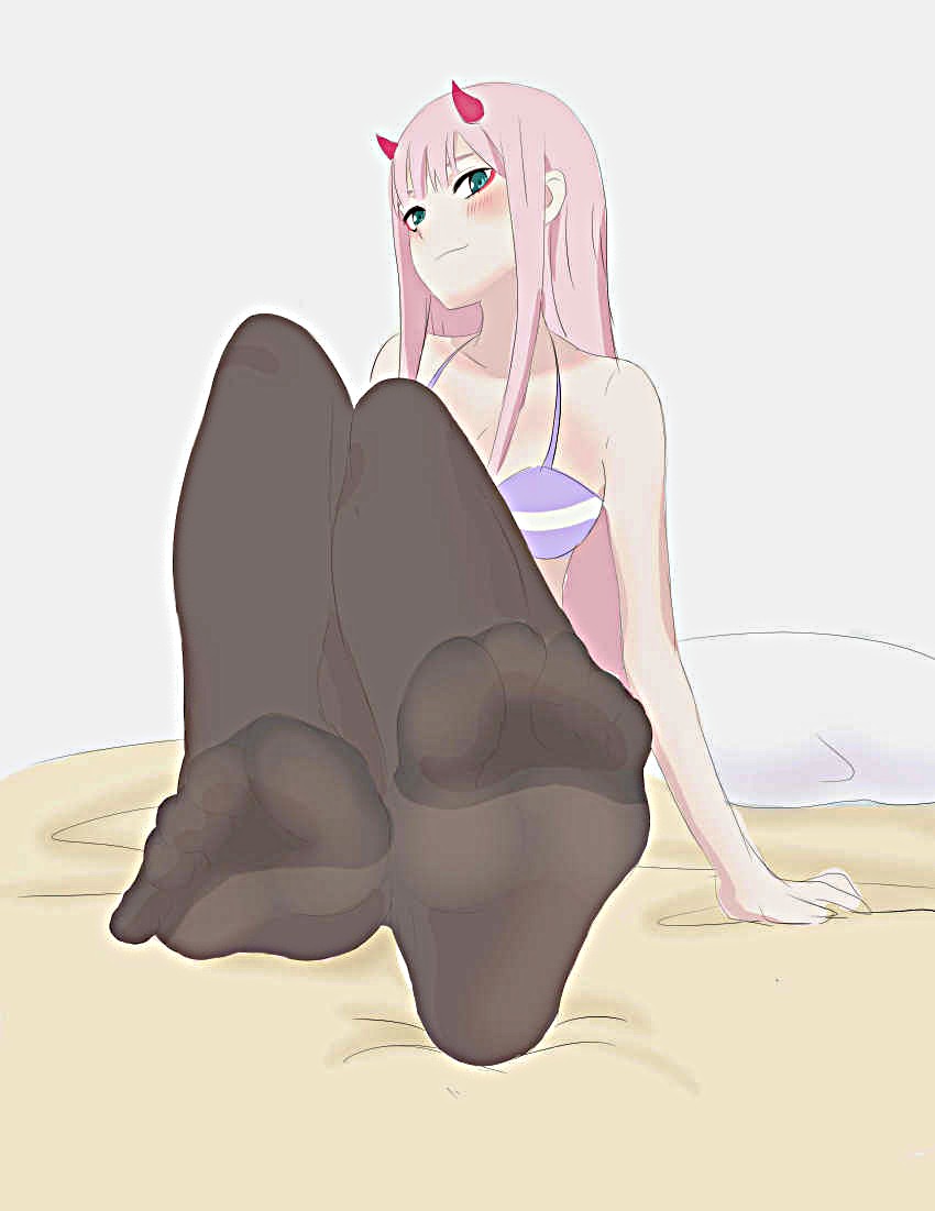 barefoot, darling in the franxx, feet, female, foot focus, nylons, pantyhose, pov, pov eye contact, pov feet, soles, stockings, zero two (darling in the franxx)