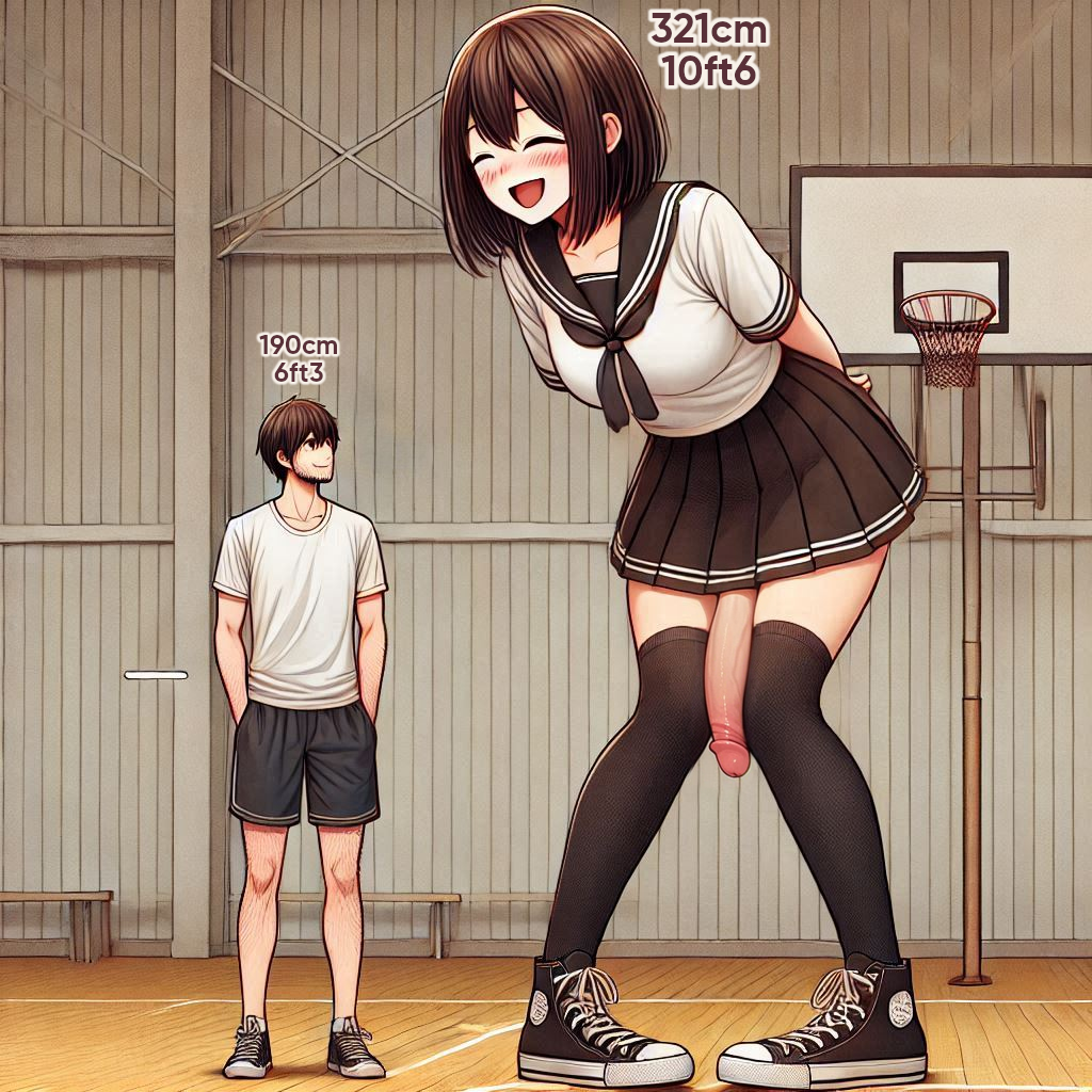 ai_generated basketball_court big_penis blush bob_cut brown_hair closed_eyes converse futa_is_bigger futa_on_male futadom futanari giantess hanging_penis height height_difference high_school high_school_student huge_cock laughing light-skinned_futanari light-skinned_male light_skin penis penis_hanging sailor_collar shemale size_difference skirt smile sneakers soft_penis spalela thigh_socks wardrobe_malfunction