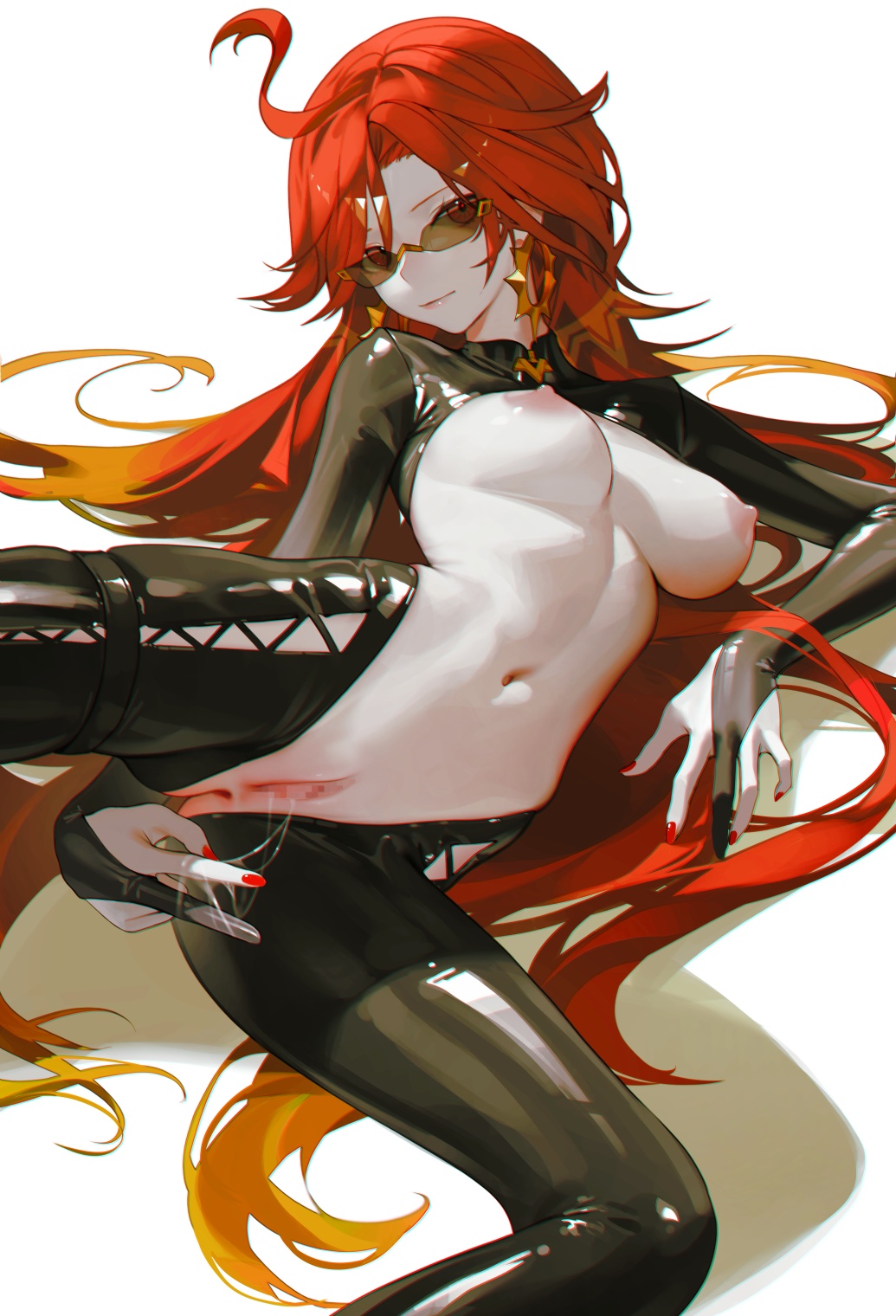 ahoge anus black_bikesuit breasts commentary_request earrings feet_out_of_frame female fingering genshin_impact highres hoop_earrings iumu jewelry large_breasts linea_alba long_hair looking_at_viewer mavuika_(genshin_impact) multicolored_hair nail_polish navel nipples open_clothes orange_eyes orange_hair pussy pussy_juice red_hair red_nails simple_background smile solo sunglasses white_background