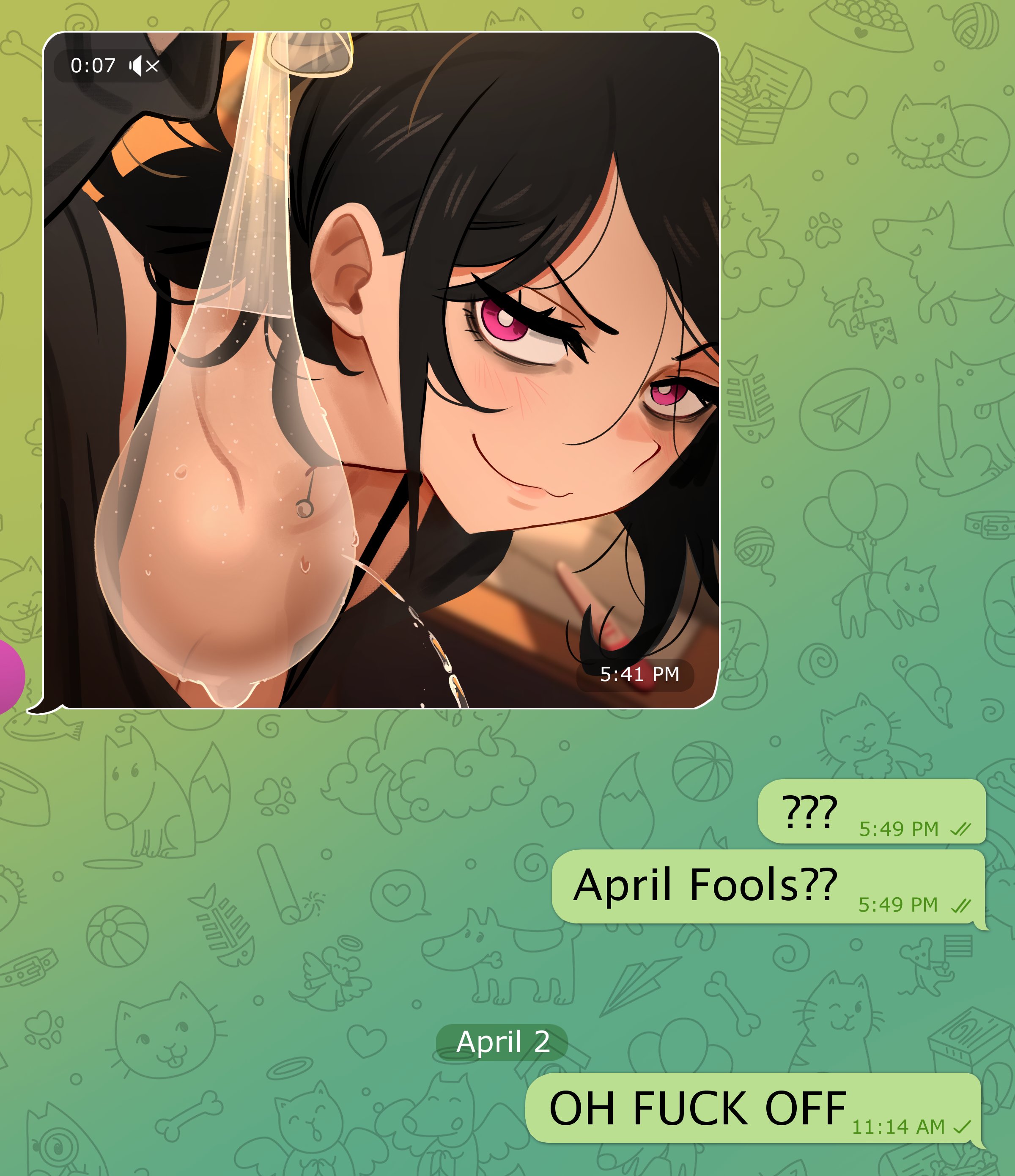 1girls, 2d, 2d (artwork), 2d artwork, april fools, ashley graves, baby crazy, black hair, breasts, broken condom, chat, chat box, chat log, condom, condom filling, condom wrapper, english, english text, female, female focus, female only, khyleri, light skin, light-skinned female, long hair, looking at viewer, pale skin, pale-skinned female, pierced condom, pregnancy test, punctured, punctured condom, purple eyes, ripped condom, sabotage, sabotaged condom, smirk, smirking, smirking at viewer, telegram, the coffin of andy and leyley, torn condom, useless condom, very long hair