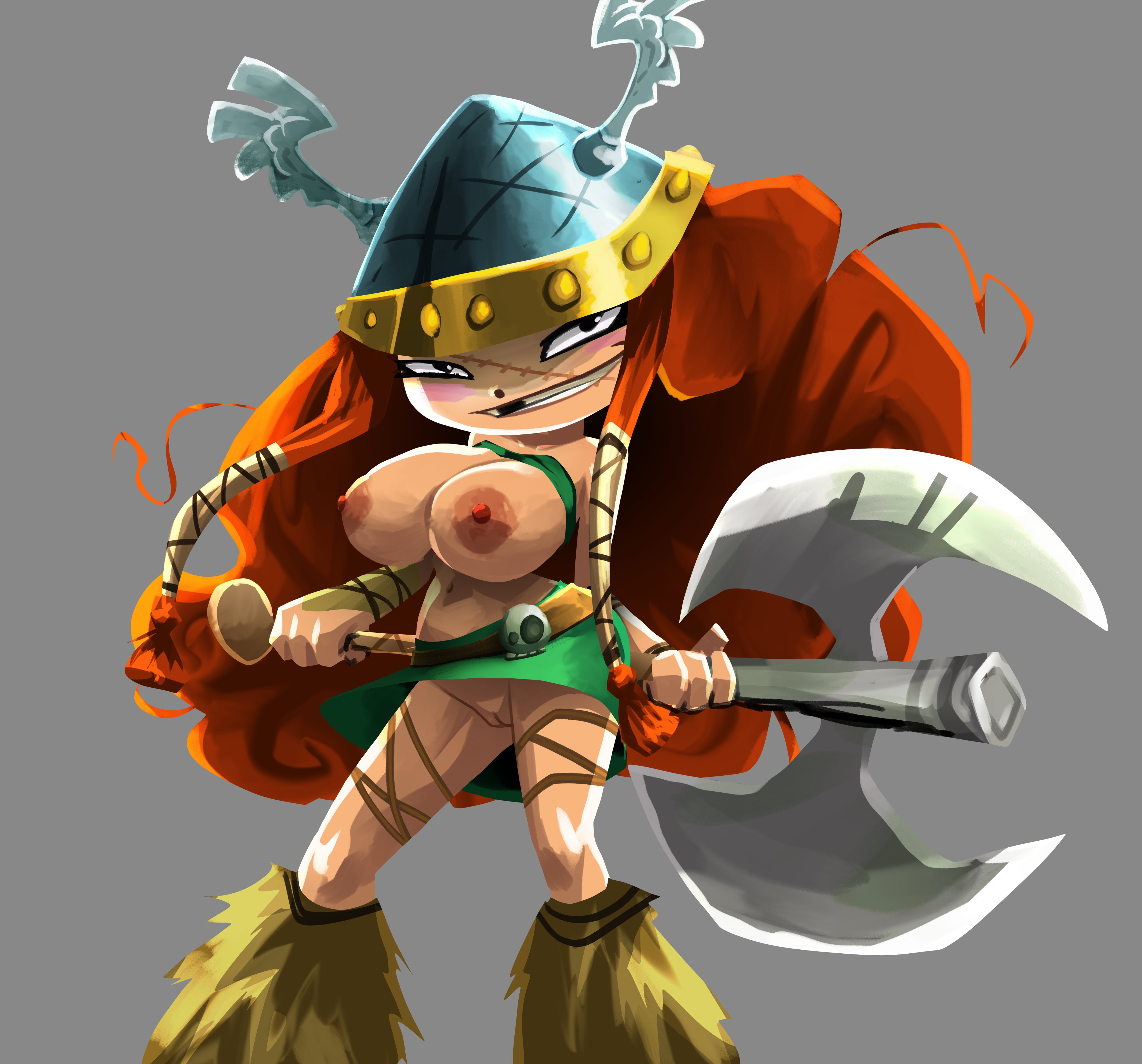 1girl, 1girls, accurate art style, axe, barbara (rayman), big breasts, breasts, coolerinker, erect nipples, female, female focus, female only, functionally nude, functionally nude female, helmet, huge breasts, inker comics, inkershike, large breasts, princess (rayman), pussy, rayman (series), rayman legends, red hair, seductive, suckable nipples, tagme, ubisoft, vagina, weapon
