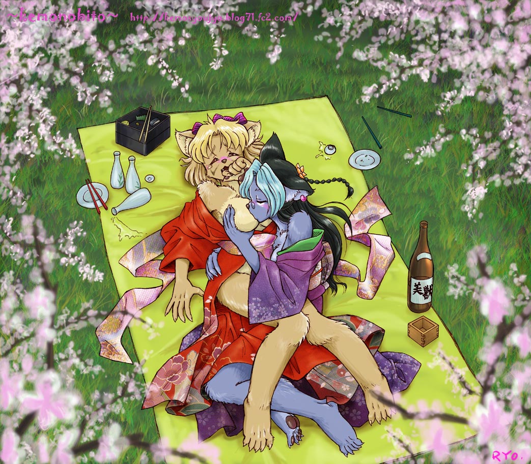 al blush breasts canine cherry_blossom clothes couple drunk eyewear feline female fondling glasses japanese_clothes kimono nuzzling ryou sake yuri