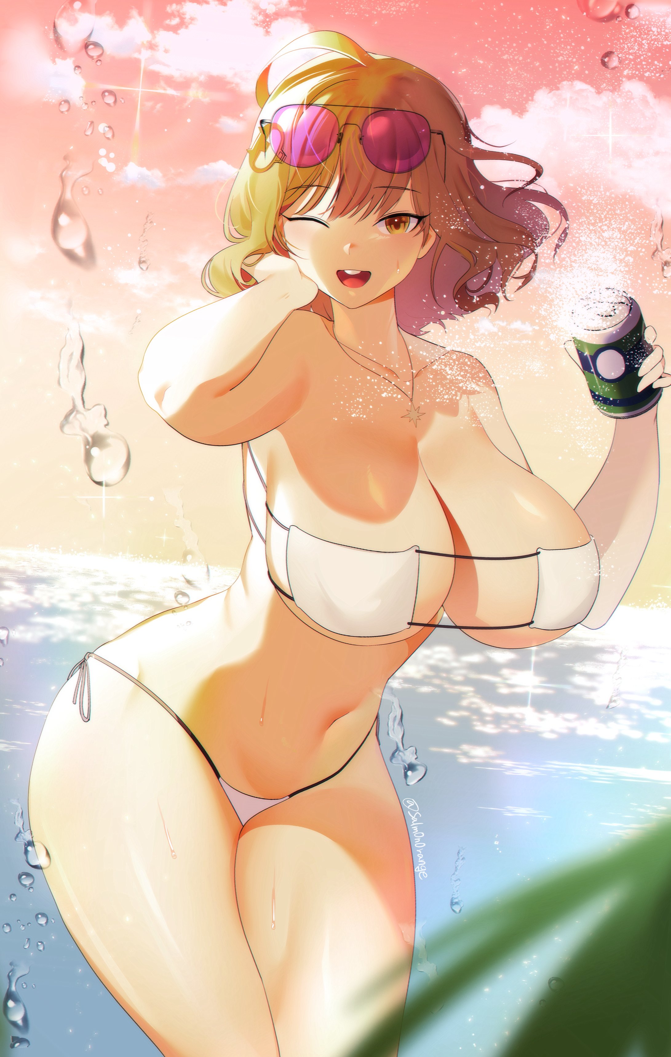 1girls, anis (nikke), anis (sparkling summer) (nikke), big boobs, big breasts, big tits, boobs, breasts, eyebrows visible through hair, female, glasses, goddess of victory: nikke, hourglass figure, huge boobs, huge breast, huge tits, large boobs, large breasts, large tits, massive boobs, massive breasts, massive tits, one eye closed, open mouth, salm0n0range, thick thighs, thighs, tits