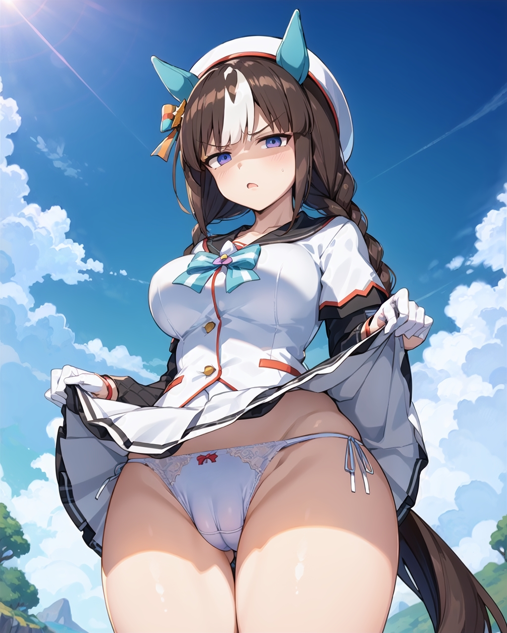 ai_generated detest hip_bones hokko_tarumae_(umamusume) skirt_lift umamusume unpleasant_face