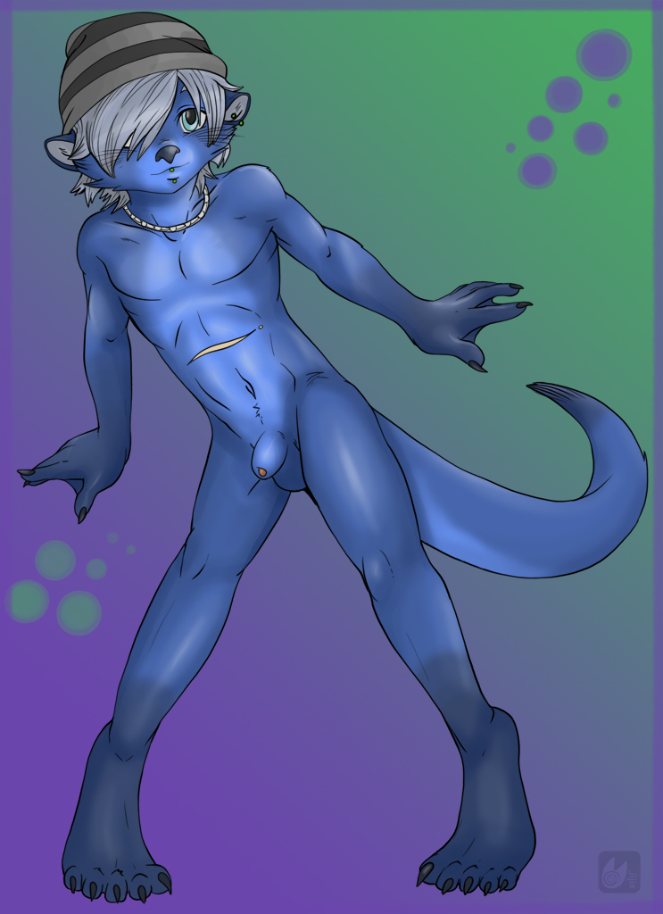 1boy anthro beanie blue blue_fur jijix male male_only otter piercing shale sheath solo