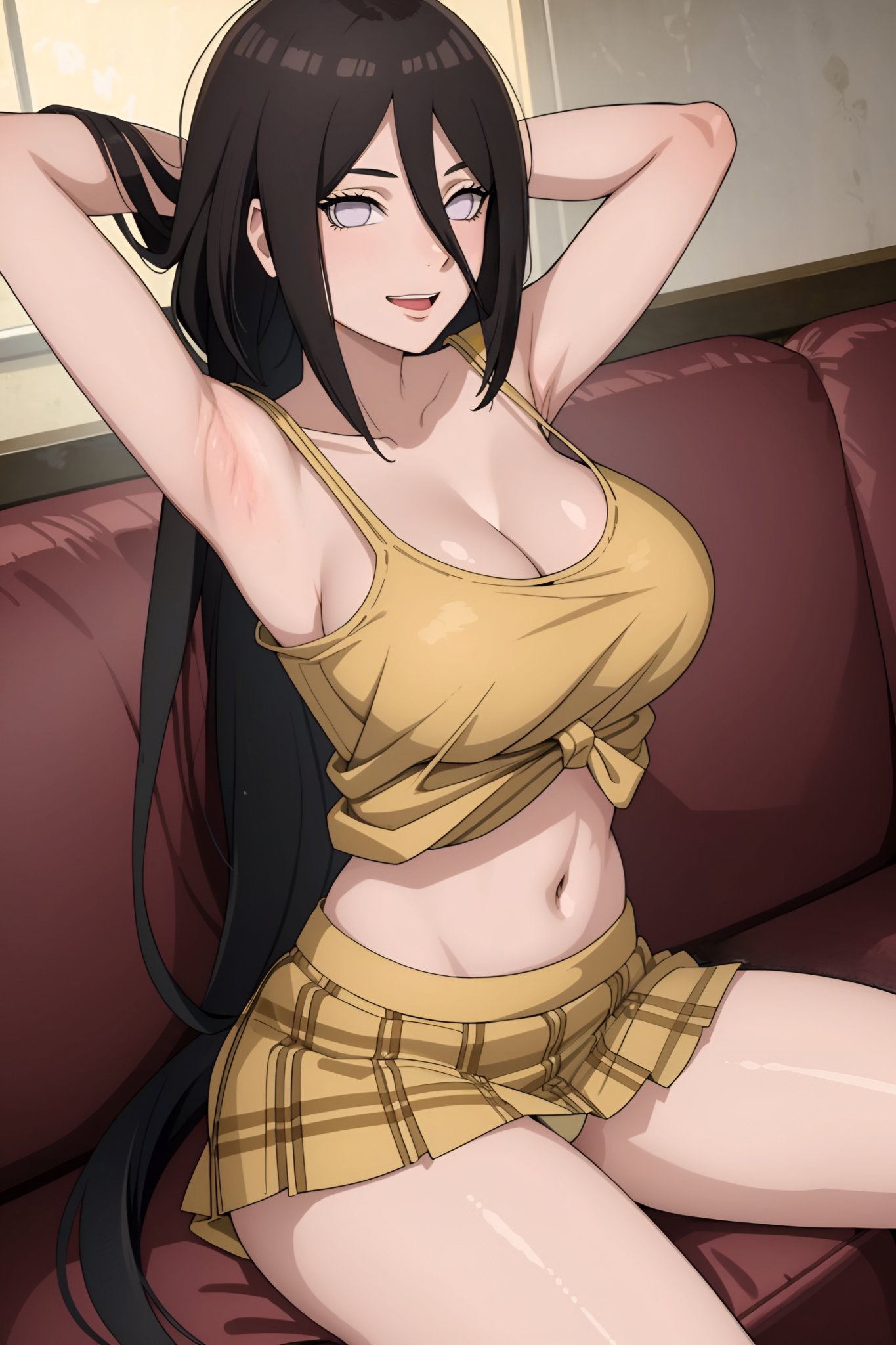 armpits arms_behind_head arms_up aunt belly belly_button big_breasts boruto:_naruto_next_generations breasts breasts cleavage couch cute cute_face female female_only girl hyuuga_hanabi legs long_hair loose_clothes loose_hair mature mature_female mature_woman milf naruto naruto_(series) naruto_shippuden panties panties_visible panties_visible_under_skirt perfect_body perfect_legs sexy_armpits skirt small_skirt suggestive suggestive_gesture suggestive_look suggestive_pose suggestive_posing suggestive_smile thick_thighs thighs tight_clothing waiting waiting_for_sex white_eyes yellow_shirt yellow_skirt