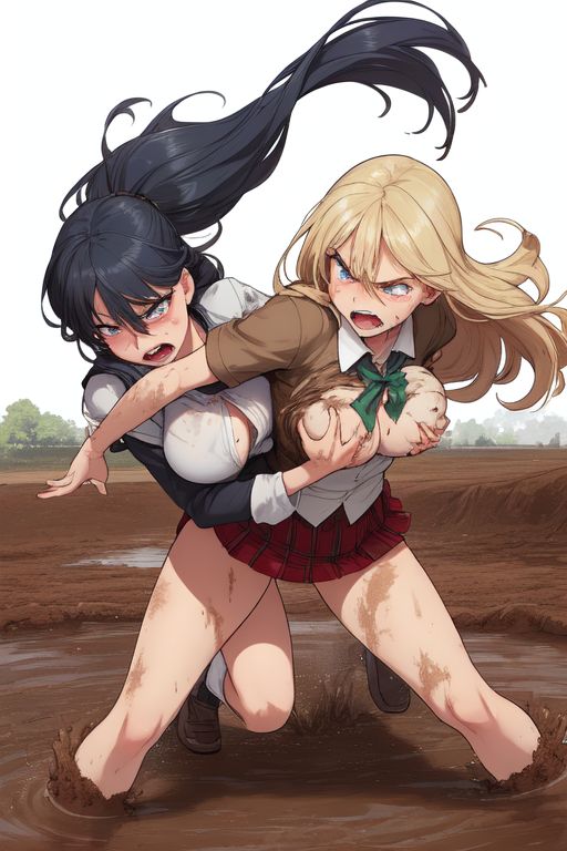 ai_generated black_hair blonde_hair breast_grab breasts_out catfight exposed exposed_breasts fight gritted_teeth gritting_teeth mud muddy mudfight mutual_yuri open_shirt ripped_clothes ripped_clothing ripping ripping_clothes ripping_clothing rivalry rivals schoolgirl schoolgirl_uniform sexfight yuri