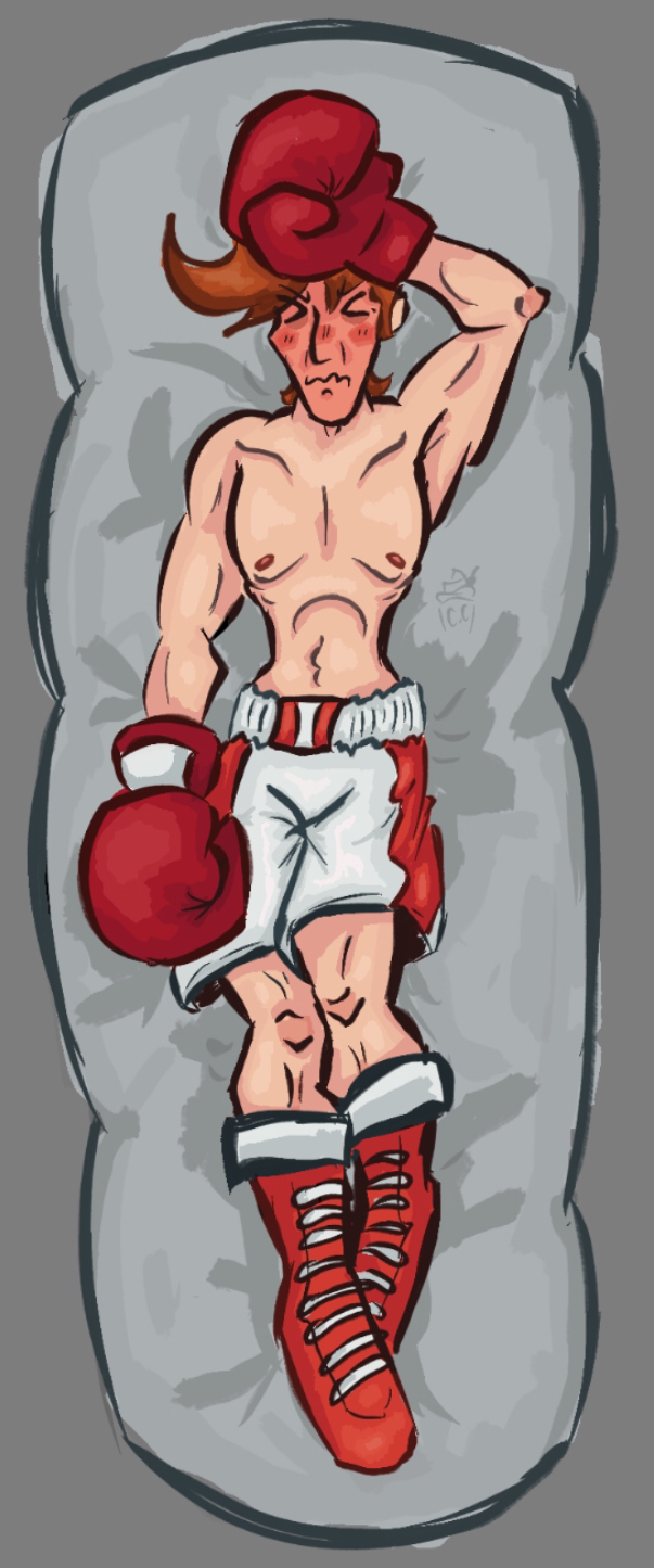 1boy auburn_hair blush blush body_pillow boxing_gloves boxing_shorts closed_eyes dakimakura embarrassed glass_joe muscular nutcayk punch-out!! punch_out