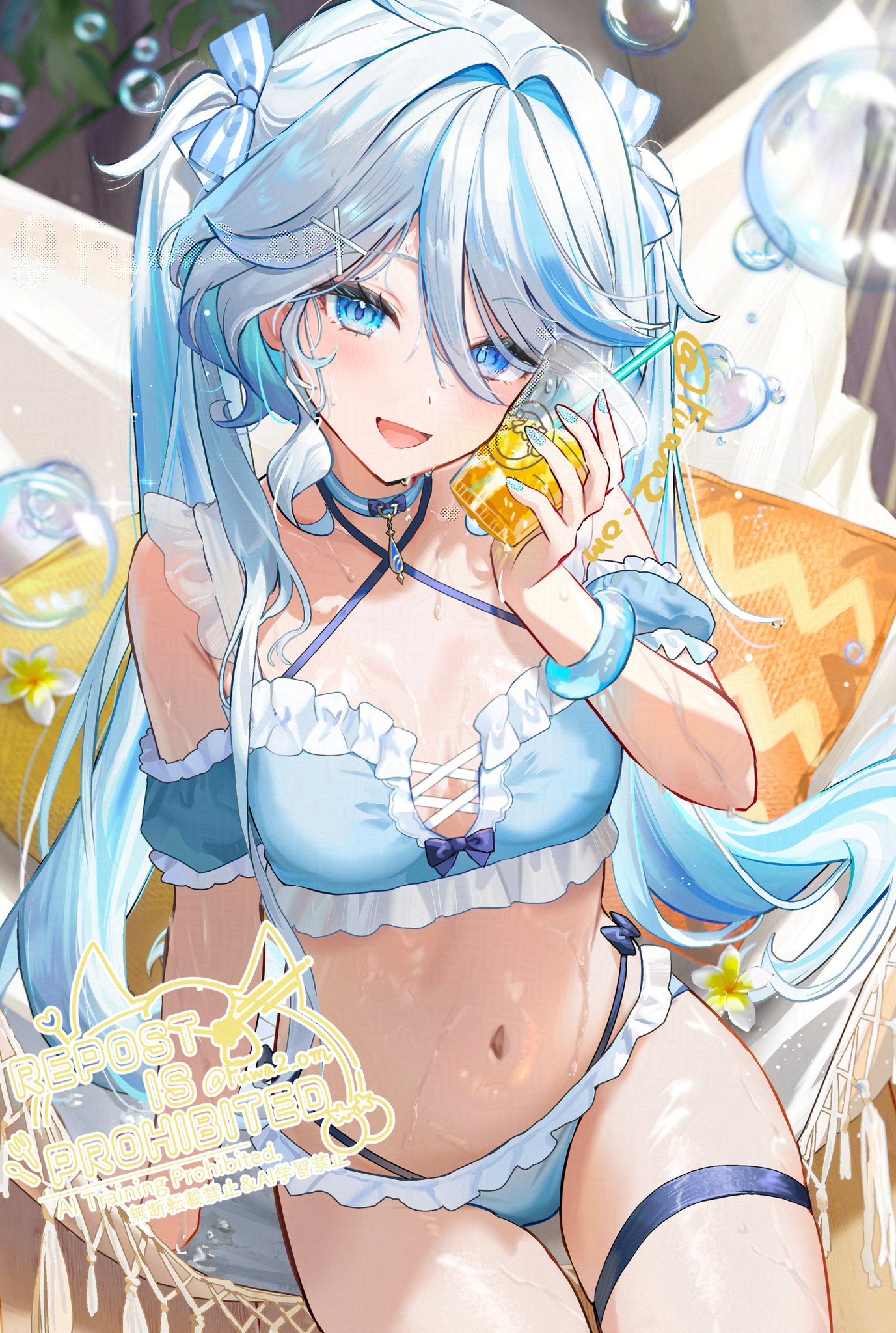 1girl, 1girls, ahoge, blue eyes, blue hair, bob cut, breasts, female, female only, flower, furina (genshin impact), genshin impact, jewelry, navel, ribbon, small breasts, smile, swimsuit, tagme, thighs, twintails, water, white hair