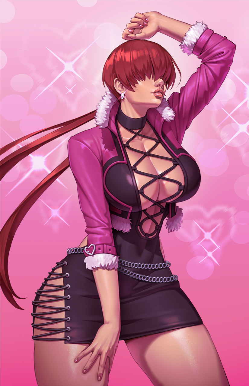 1girls black_dress cowboy_shot cropped_jacket dress ear_piercing female fur fur_trim hair_over_eyes jacket king_of_fighters king_of_fighters_xv large_breasts pink_background pink_jacket red_hair rim_jims shermie_(kof) snk solo sparkles split_ponytail standing thick_thighs