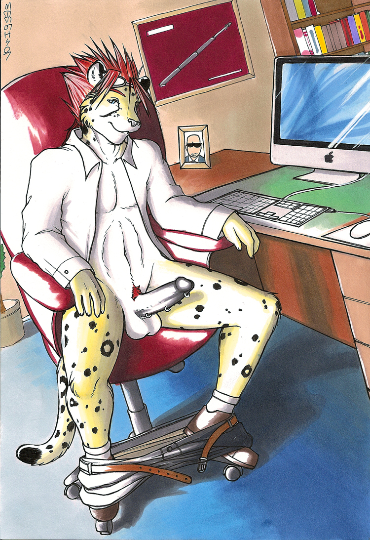 1boy black_penis bottomless business cheetah feline fur furry furry_only goggles inviting mac male male_only meesh office open_clothes open_shirt penis piercing pubic_tuft red_hair shirt solo spiky_hair syphon traditional_media_(artwork)