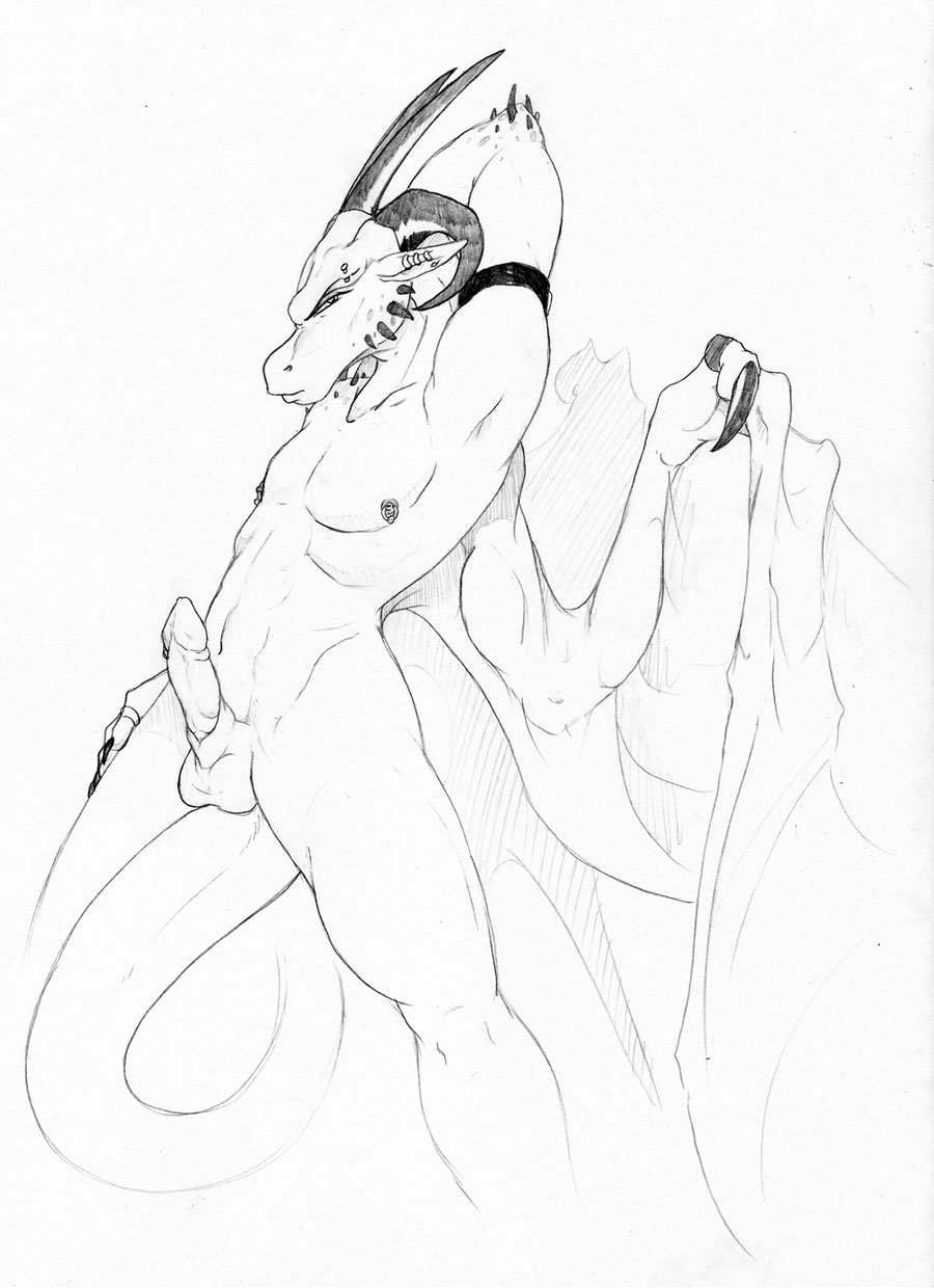 1boy carrion_(character) demon dragon horns male male_only necrodrone nude piercing pointy_ears ribbed scalie solo wings