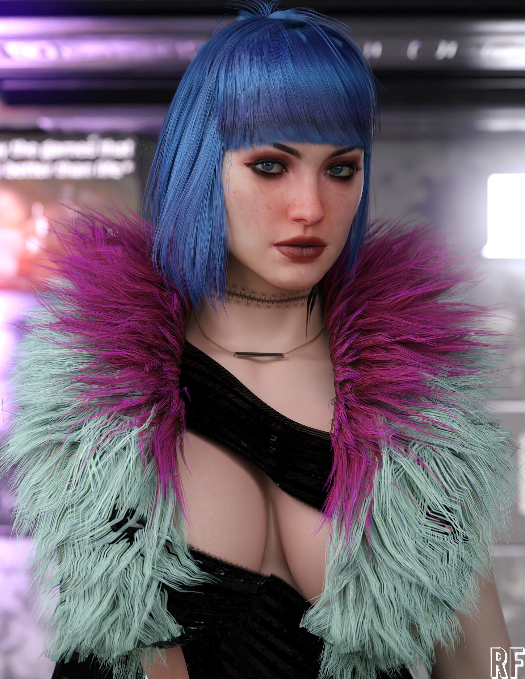 1girls, 3d, big breasts, blue hair, breasts, cd projekt red, cyberpunk 2077, evelyn parker, female, female only, light skin, light-skinned female, realistic, rude frog