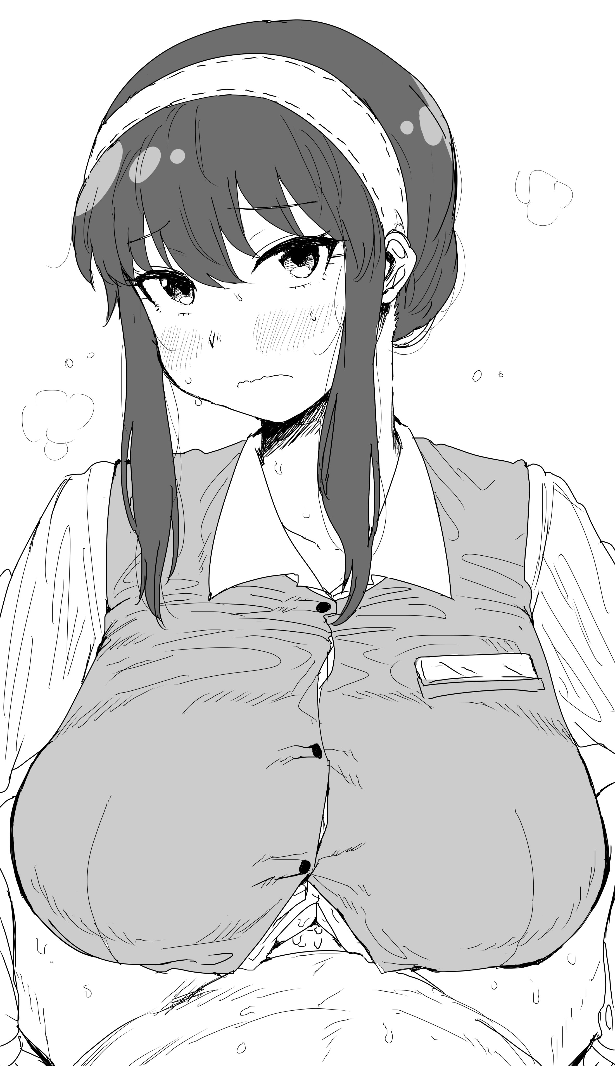 1boy, 1girls, alternate breast size, big breasts, blush, breasts, cum, cum between breasts, dress shirt, ejaculation between breasts, embarrassed, engulfing paizuri, female, huge breasts, kaiman garupan, large breasts, looking away, male, monochrome, paizuri, paizuri lead by female, paizuri on lap, paizuri under clothes, pov, pov paizuri, spy x family, straight, sweat, yor briar