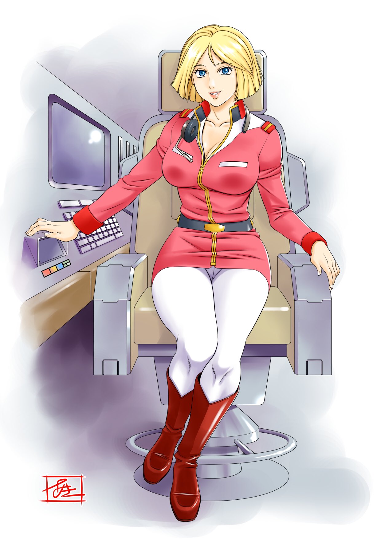 1girls akiniina blonde_hair blue_eyes boots brown_boots chair cleavage earth_federation female fingernails gundam headset large_breasts large_hips looking_at_viewer mobile_suit_gundam pink_lipstick sayla_mass sitting_down smiling thick_thighs tights white_tights