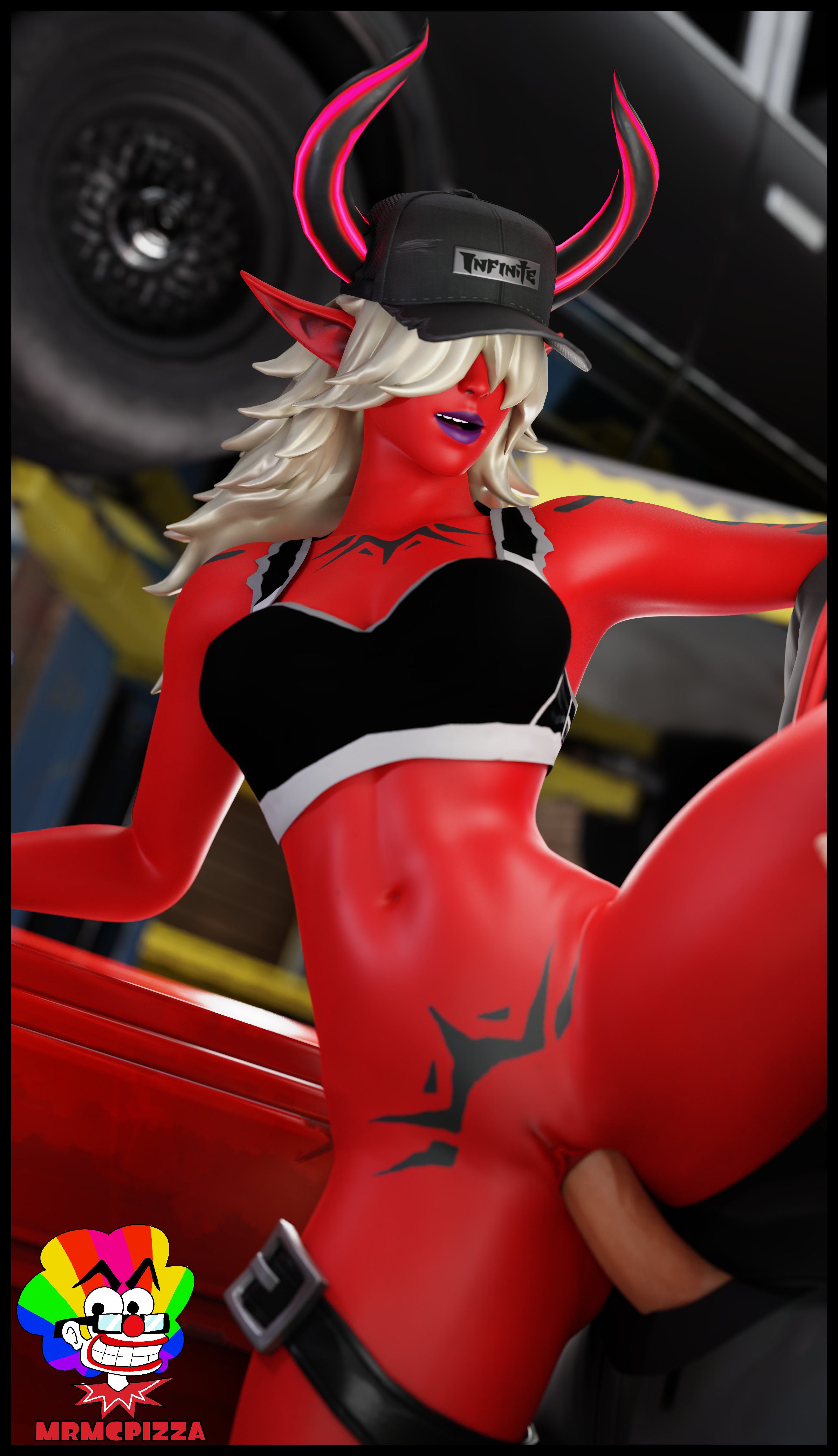 3d, big breasts, bra, breasts, clothed sex, demon, demon girl, desdemona (fortnite), female, fortnite, hat, mrmcpizza, red body, red skin, underwear, white hair