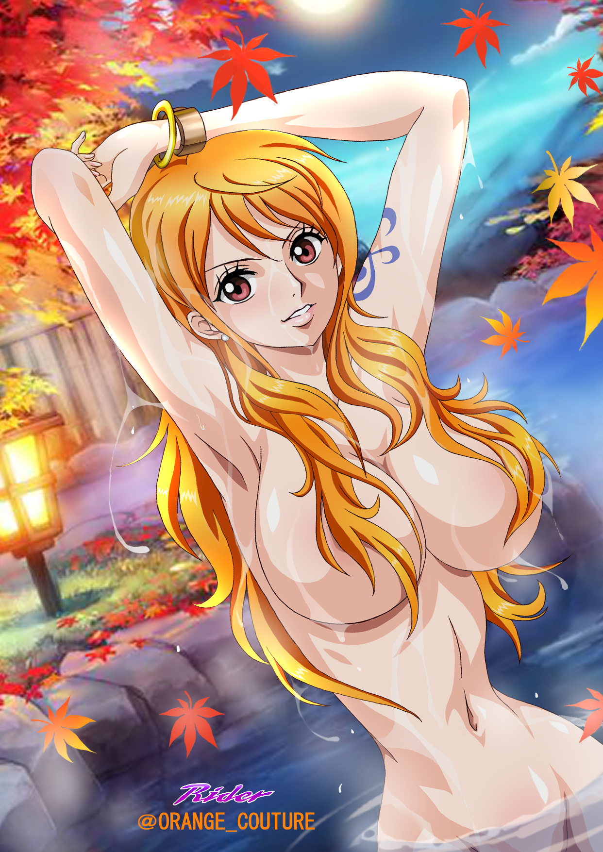 1girls, arm tattoo, arms above head, arms up, big breasts, blue tattoo, breasts, brown eyes, busty, convenient censoring, curvy, female, female only, hair over breasts, hot spring, leaves, log pose, nami (one piece), narrow waist, nude, one piece, onsen, orange hair, orange-haired female, post-timeskip, raida (j5einmnjp3r49k6), shoulder tattoo, slim waist, solo, tattoo