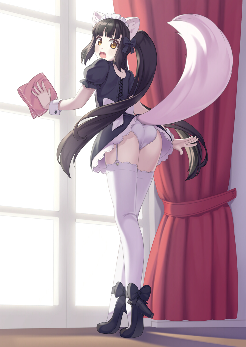 1girls animal_ears animal_tail ass big_bow black_hair black_high_heels bow breasts cleaning cleaning_rag cleaning_windows cristalavi curtains dress garter_straps high_heels looking_back maid maid_headdress maid_uniform medium_breasts original panties ponytail socks standing surprised_expression thigh_socks thighhighs upskirt white_bow white_panties white_socks window yellow_eyes