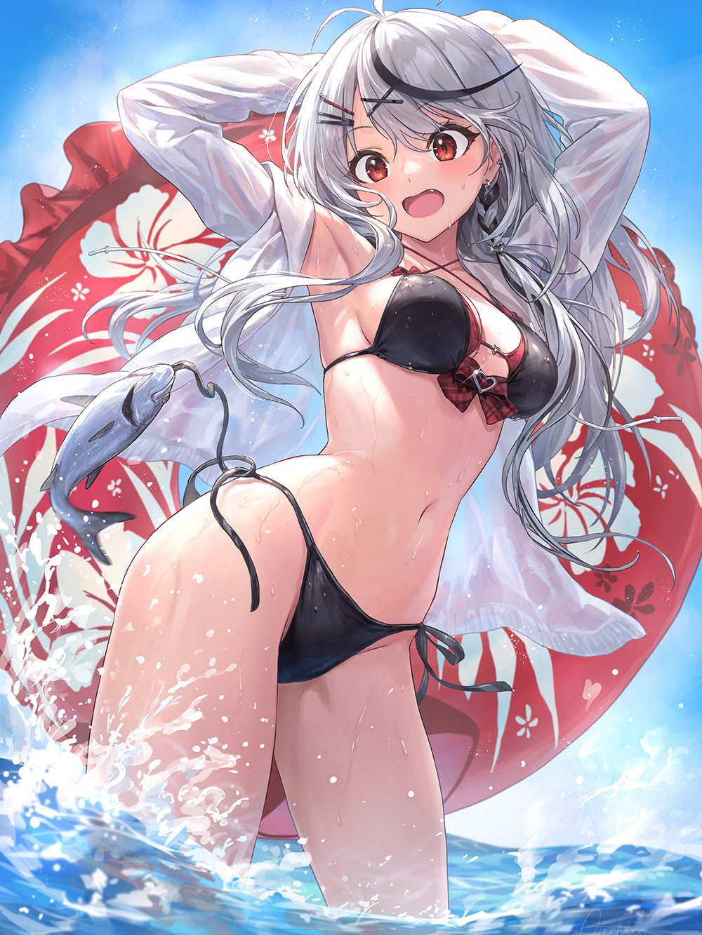 1animal 1girls bikini blush buoy clothed clothing clouds female female_only fish guchico_(guchico77) hair_ornament hairclips hololive hololive_japan holox light-skinned_female light_skin open_mouth red_eyes sakamata_chloe sky solo surprised virtual_youtuber water wet_clothes white_hair x_hair_ornament