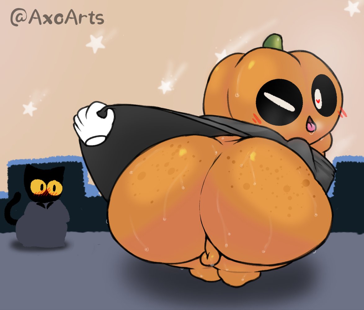 axoarts blush cat cat_ears cat_tail female google google_doodle huge_butt looking_at_viewer magic_cat_academy momo_(google) pumpkin pumpkin_head pumpkin_sorcerer_(google) small small_balls spindapixelart tail tongue tongue_out