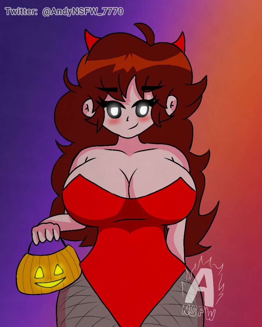 1girls andynsfw_7770 background basket big_breasts blush curvy demon_horns female female_only friday_night_funkin girlfriend_(friday_night_funkin) halloween long_hair pantyhose signature stocking thick_thighs