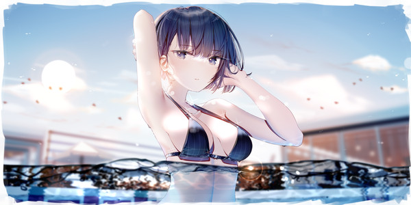 beach big_breasts blue_eyes blue_hair haruka_kiritani kiritani_haruka more_more_jump!_(project_sekai) partially_submerged partially_underwater_shot project_sekai side_view swimming swimsuit underwater