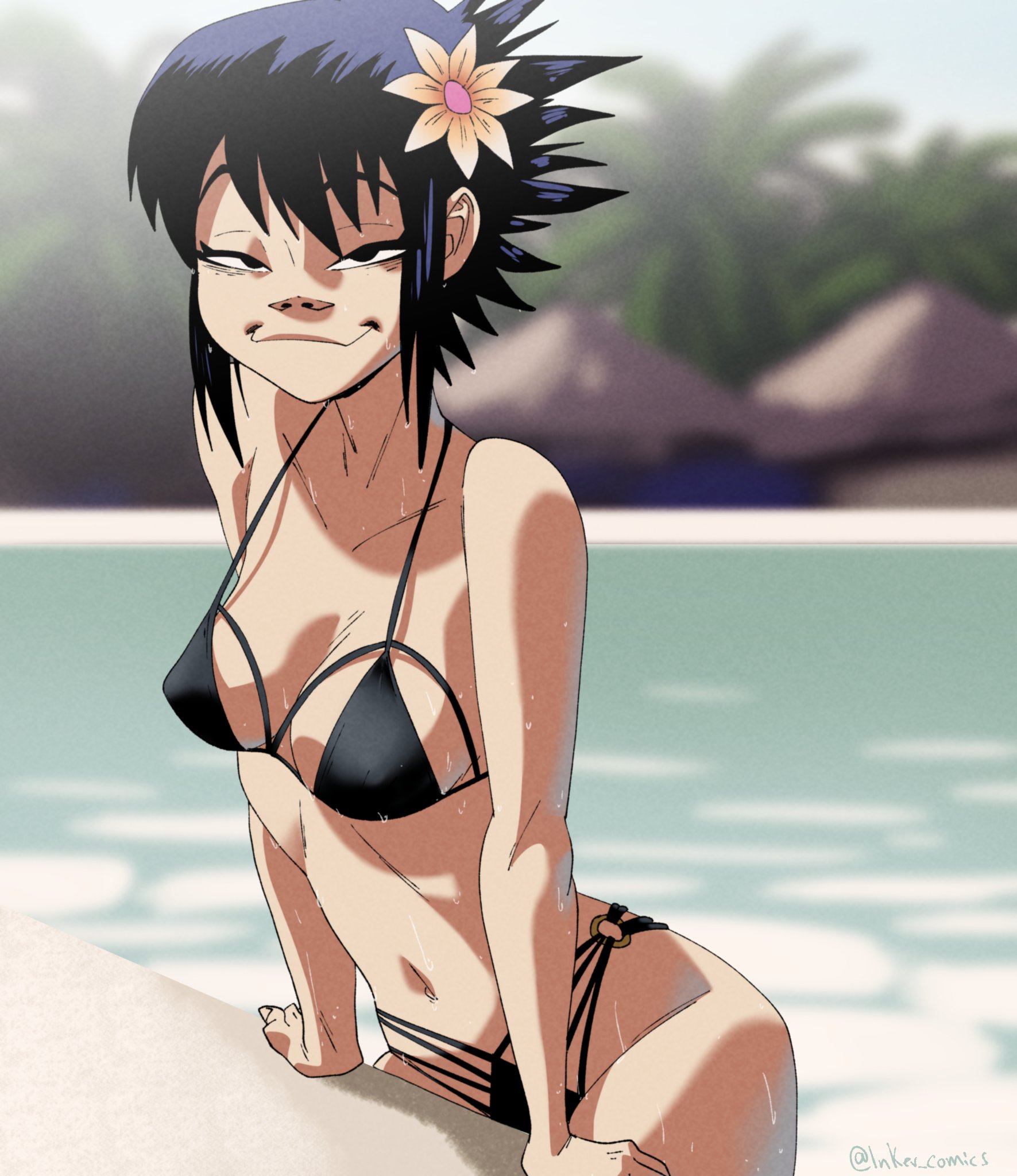1girls, beach, black swimsuit, breasts, coolerinker, female, gorillaz, hourglass figure, inker comics, inkershike, japanese girl, lipstick, noodle (gorillaz), noodle (humility), pool, poolside, small breasts, smug face, sun, sunbathing, sunlight, tagme, thin, thin female, thin waist, wet, wet clothes, wet clothing, wet skin