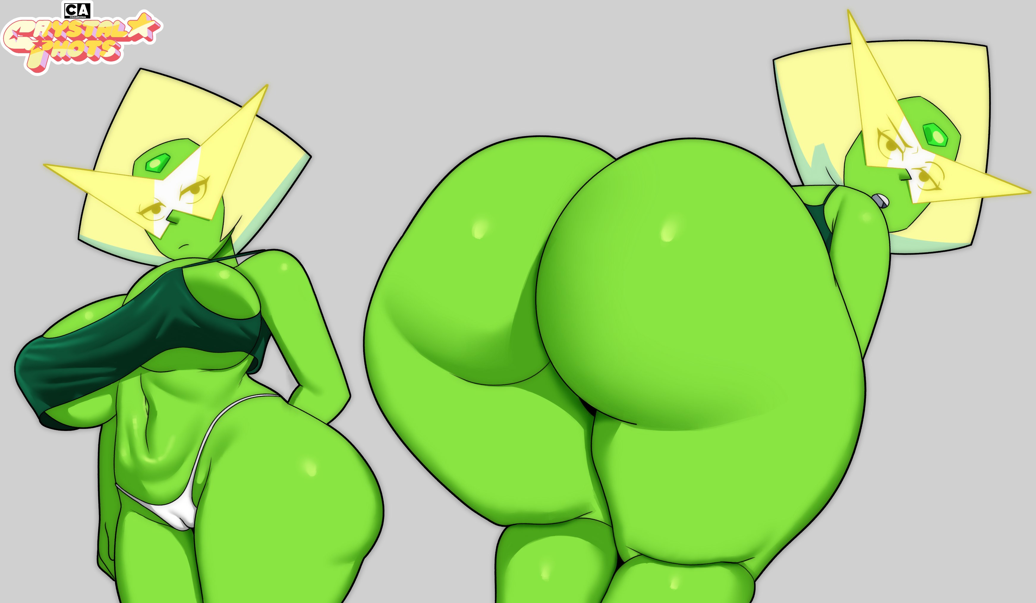 1girls, ass, ass focus, bare shoulders, bent over, big ass, big breasts, big butt, breasts, cameltoe, cartoon network, cleavage, clothed, clothing, coldarsenal, crystal thots, female, female only, forehead jewel, gem (species), glasses, green body, grey background, grey body, large ass, large breasts, looking at viewer, looking back, navel, open mouth, panties, peridot (steven universe), presenting, pussy, simple background, solo, solo female, steven universe, tank top, thick thighs, underboob, voluptuous, wide hips