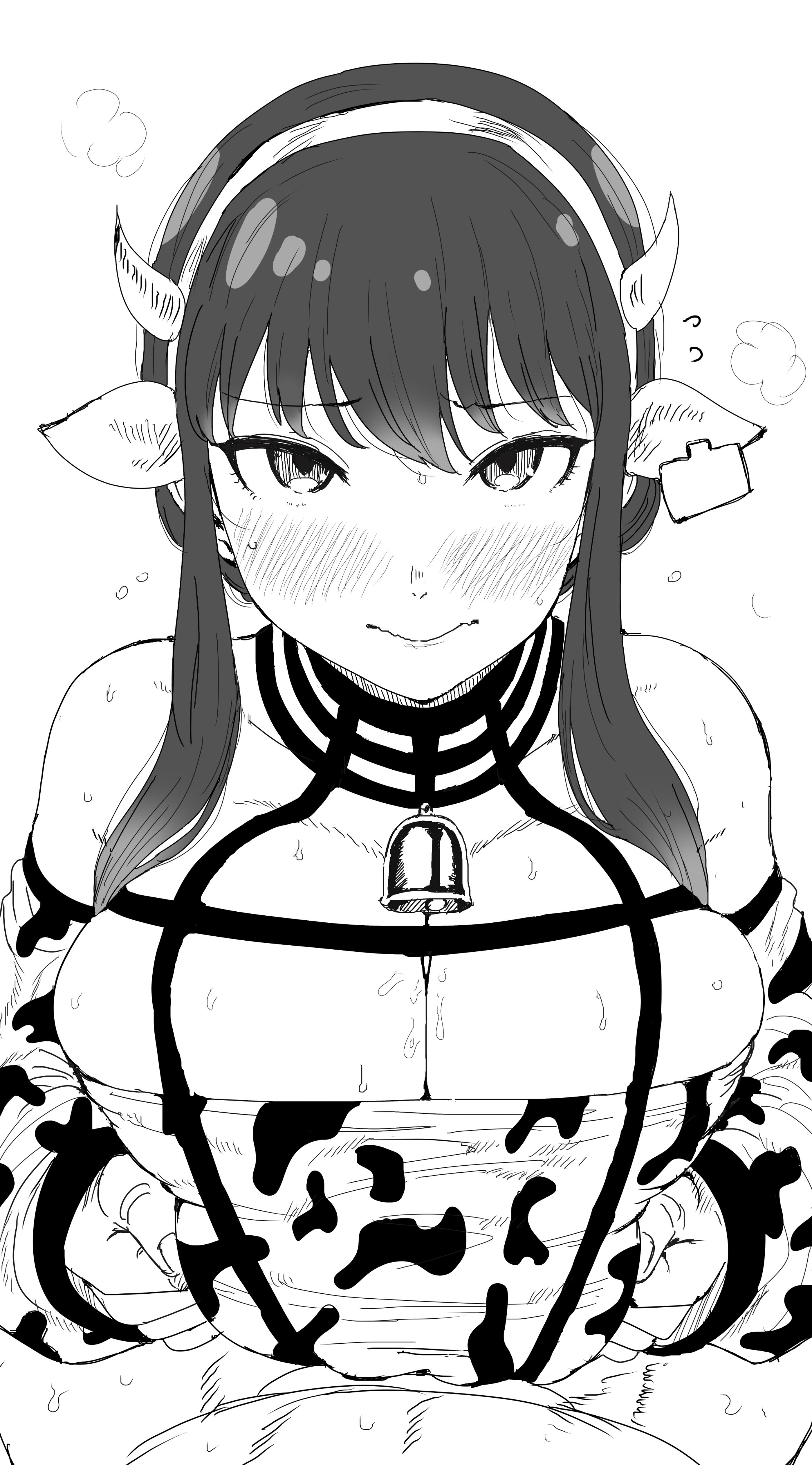 1boy, 1girls, alternate breast size, big breasts, blush, breasts, cleavage, cow horns, cow print, cum, cum between breasts, ejaculation between breasts, embarrassed, engulfing paizuri, female, huge breasts, kaiman garupan, large breasts, looking at viewer, male, monochrome, paizuri, paizuri lead by female, paizuri on lap, paizuri under clothes, pov, pov eye contact, pov paizuri, spy x family, straight, sweat, yor briar