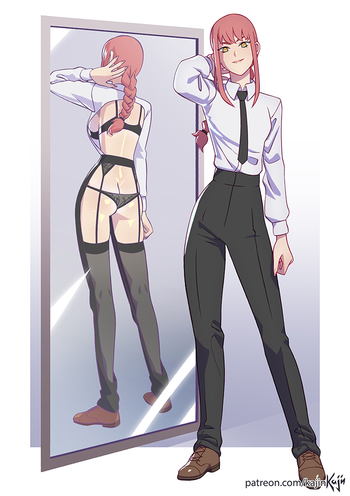 1girls, ass, bra, breasts, chainsaw man, eye contact, female, female focus, female only, fully clothed, garter belt, garter straps, kajinman, legwear, light skin, lingerie, looking at viewer, makima (chainsaw man), memehalf-dressed in the mirror (meme), mirror, more revealing backside, panties, red hair, solo, standing, thighhighs, thighs, yellow eyes