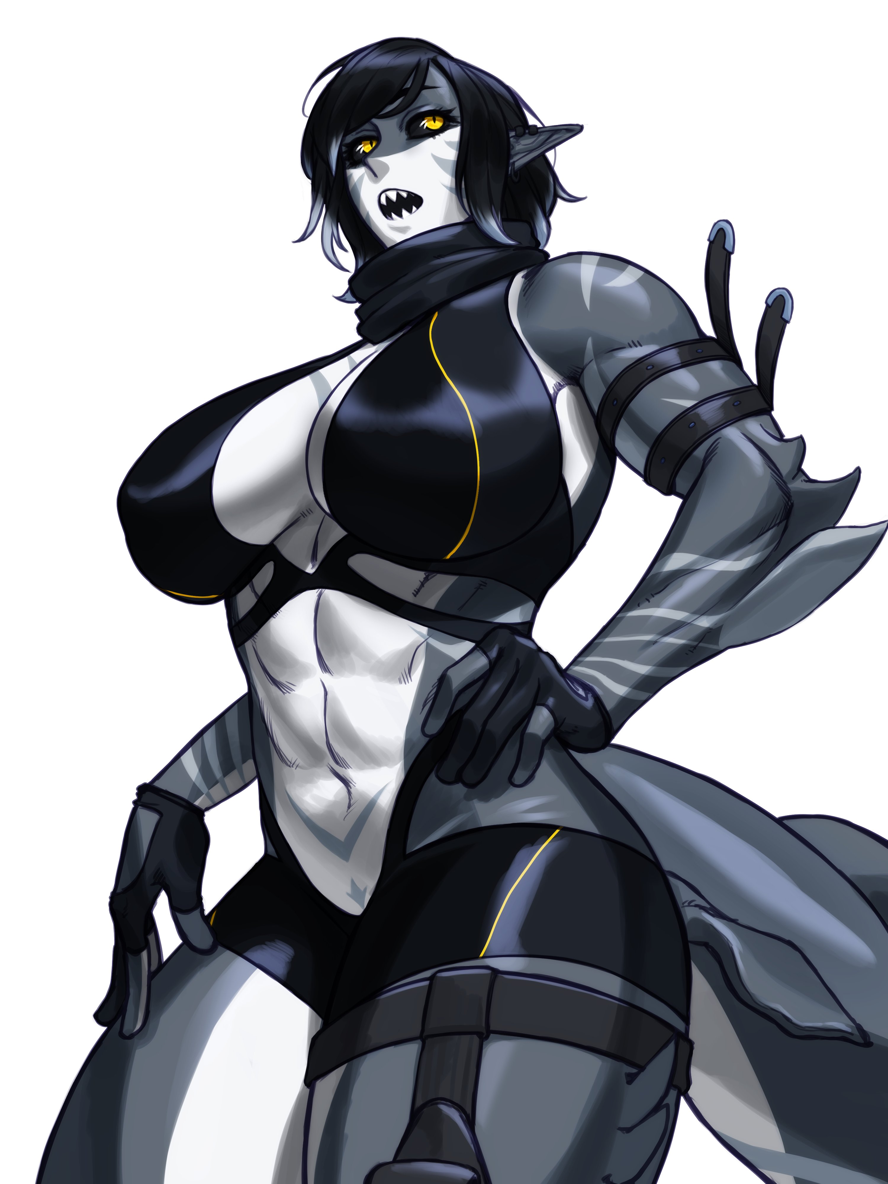 1girls, absurd res, anthro, big breasts, black hair, black sclera, breasts, commission, female, female only, fingerless gloves, fins, looking away, marine, medium hair, muscular, muscular female, open mouth, pointy ears, shark, shark tail, sharp teeth, slit pupils, solo, sotcho, swimwear, tail, thick thighs, white background, yellow eyes
