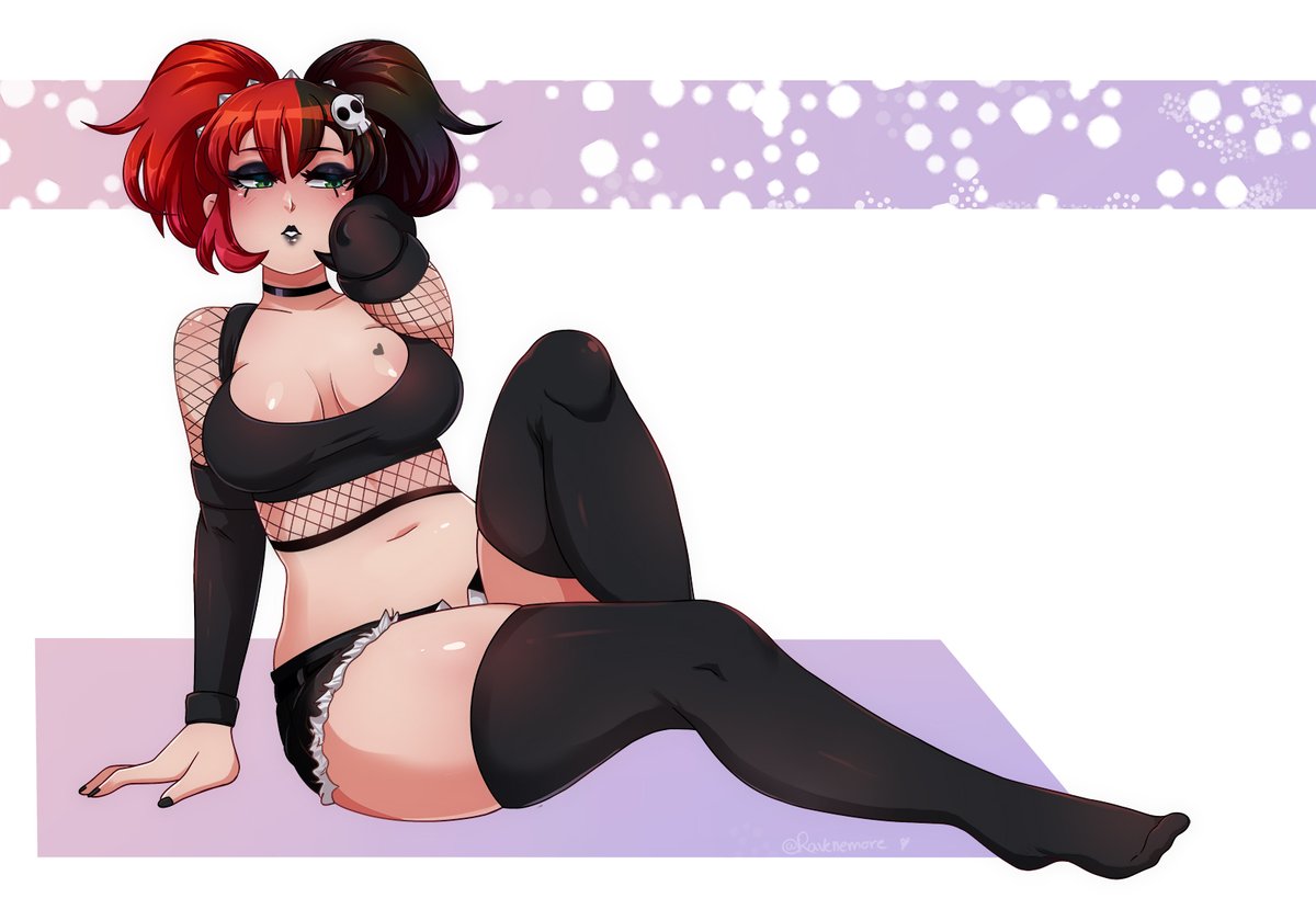 1girls clothed_female collar commission drawn ellie_walls_(odysseyellie) female goth_girl green_eyes horny_female human humanoid multicolored_hair outside ponytails skull_hair_ornament solo stockings tagme