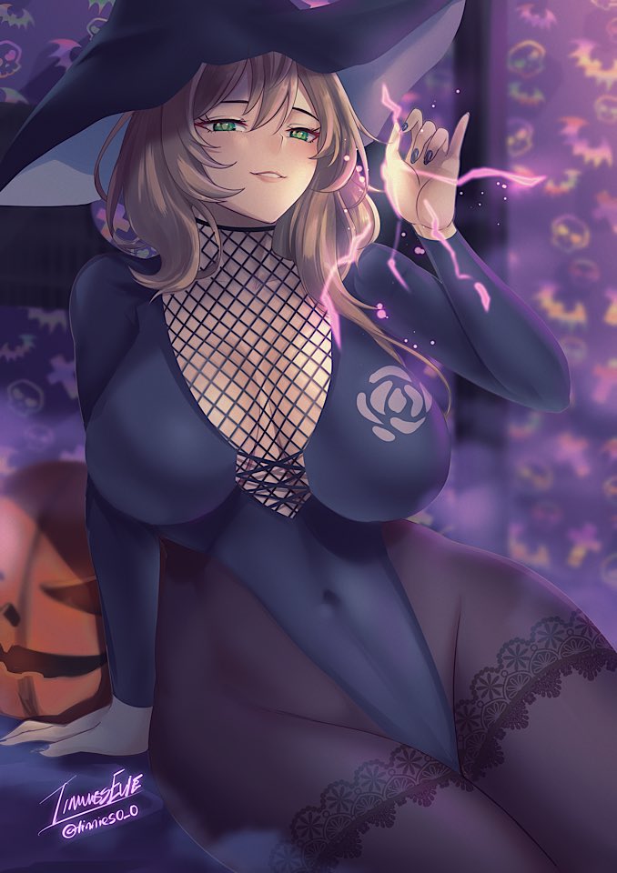 1girls artist_signature breasts brown_hair female genshin_impact green_eyes halloween hat hips huge_breasts large_hat light-skinned_female light_skin lisa_(genshin_impact) long_hair naughty_face side_ponytail suggestive_look thick_thighs thighs tinnies wide_hips witch_hat