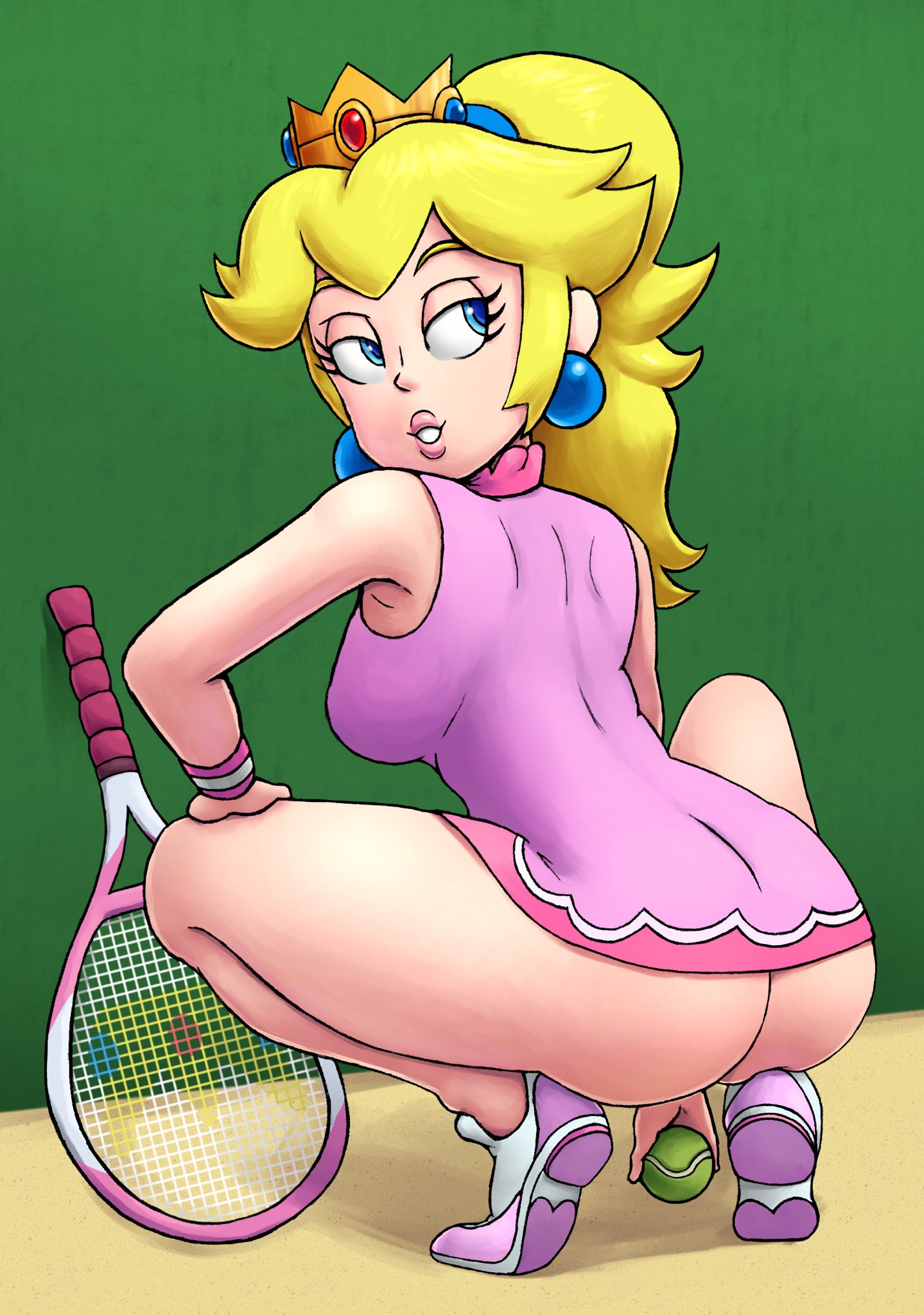 1girls, ass, big ass, big breasts, big lips, blonde hair, blue eyes, breasts, clothing, crown, earrings, female, female only, headwear, huge ass, jigglytoons, legs apart, lips, lipstick, mario (series), mario tennis, nintendo, pink lips, pink lipstick, ponytail, princess peach, pursed lips, shoes, solo, tennis ball, tennis racket, tennis uniform, thick lips, thighs