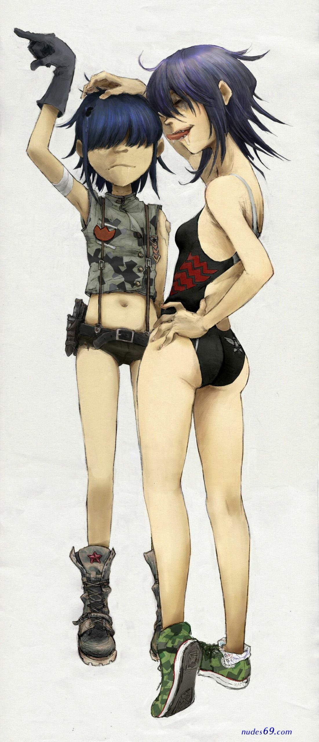 2girls arm_up artist_request asian asian_female ass back back_view bandage bandaged_arm belly_button blue_hair boots bottomwear breasts calves clothed clothed_female clothes clothing crop_top cyborg cyborg_noodle drool drooling duo female female_only footwear front_view fully_clothed gloves gorillaz hair hair_over_eyes hand_on_another's_head hand_on_hip handwear hi_res human humanoid light-skinned_female light_skin medium_hair messy_hair midriff navel noodle_(gorillaz) noodle_(plastic_beach) one-piece_swimsuit open_mouth pose posing rear_view sharp_teeth shoes short_shorts shorts small_breasts smile smiling sneakers source_request standing stomach suspender_shorts suspenders swimsuit tank_top thighs tongue tongue_out topwear traditional_media_(artwork)