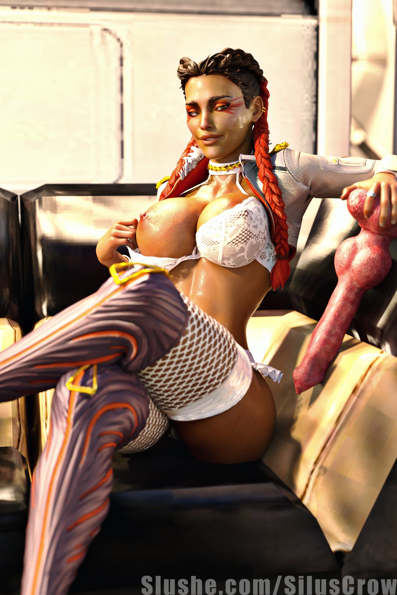 1girls 3d apex_legends big_breasts bra breasts breasts_out brown_hair clothed_female clothing crossed_legs dark-skinned_female dark_skin dildo exposed_breasts female female_only hi_res holding_dildo large_breasts loba_(apex_legends) nipples siluscrow sitting solo wide_hips