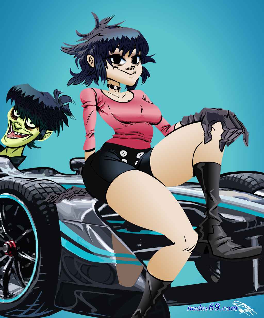 1girls artist_request asian asian_female ass big_ass black_eyes black_hair blue_background boots bottom_heavy bottomwear breasts calves choker clothed clothed_female clothes clothing female footwear front_view fully_clothed gloves gorillaz hair hand_on_knee hand_on_leg handwear human large_ass leg_up legs_apart light-skinned_female light_skin long_sleeves looking_at_viewer medium_breasts medium_hair messy_hair motorcycle murdoc_niccals noodle_(gorillaz) noodle_(jaguar) pale_skin pose posing shirt shorts simple_background sitting skin_tight smile smiling smiling_at_viewer solo_focus source_request thick_thighs thighs tight_clothing topwear wide_hips