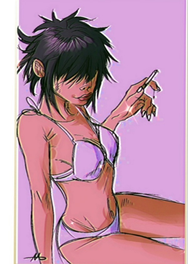 1girls, arm support, artist request, artist signature, asian, asian female, bangs, bangs over eyes, belly, bikini, bikini bottom, bikini top, black hair, breasts, cigarette, color, colored, eyes covered, feet out of frame, female, female focus, female only, filter, gorillaz, hair, hair over eyes, hips, holding cigarette, human, human only, legs, light skin, light-skinned female, lips, lipstick, long fingernails, low res, lowres, medium hair, nail polish, navel, noodle (gorillaz), one arm up, painted nails, red lipstick, sharp fingernails, signature, sitting, small breasts, smile, smiling, smoking, solo, solo female, solo focus, source request, stomach, thighs, vhs filter, white bikini